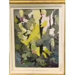 Framed and glazed abstract oil on board, signed PJ (Patsy) Cyriax