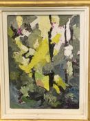 Framed and glazed abstract oil on board, signed PJ (Patsy) Cyriax