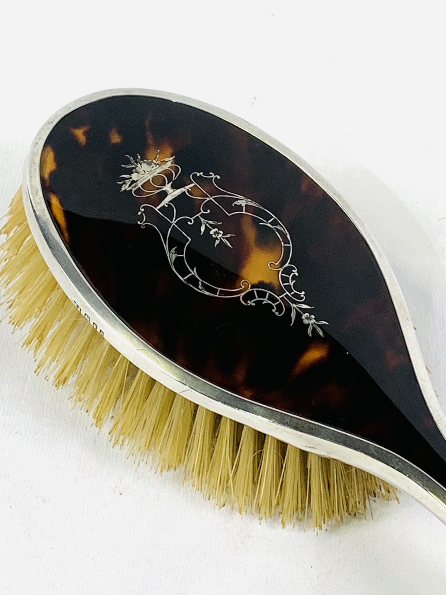 Edwardian tortoiseshell and hallmarked silver mounted and silver inlaid hairbrush - Image 2 of 4