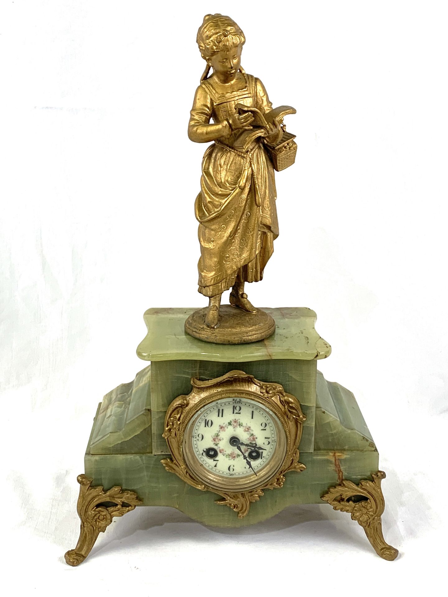 French onyx mantel clock, with female figure above