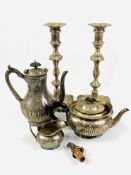 An Elkington silver plate tea set together with a pair of Goldsmith & Silversmiths candlesticks.