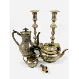 An Elkington silver plate tea set together with a pair of Goldsmith & Silversmiths candlesticks.