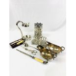 Silver plate Mappin & Webb club bottle holder, and other silver plate items