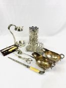 Silver plate Mappin & Webb club bottle holder, and other silver plate items