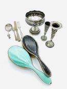 Two silver mounted hairbrushes; Indian silver; two silver forks; and a silver knife