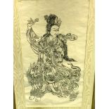 Framed and glazed Chinese woodblock on silk paper of a goddess on a lion.