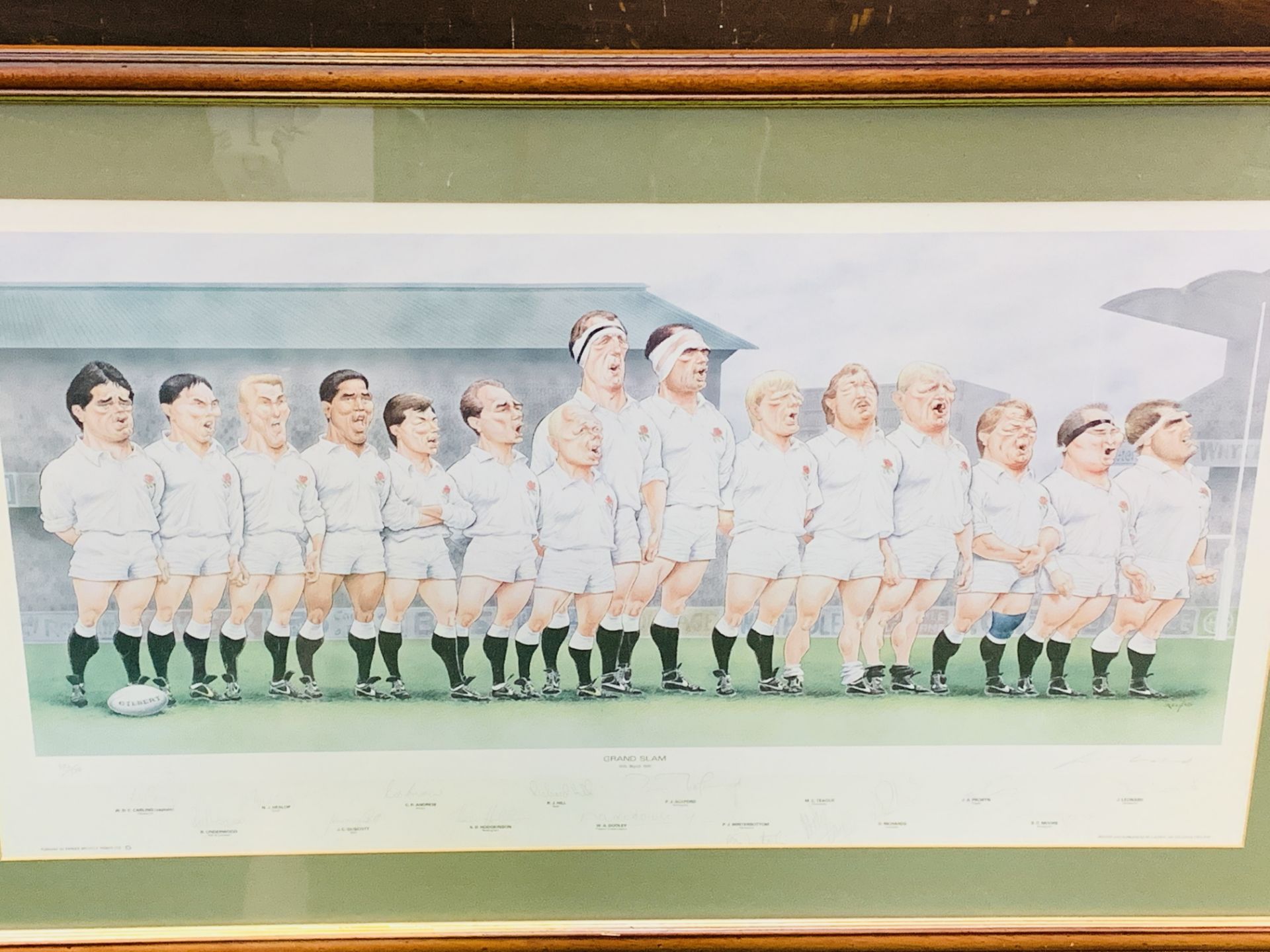 Framed and glazed limited edition print 396/500 of England Rugby Union team, "Grand Slam" 16-03-91