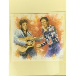 Framed and glazed watercolour of Cliff Richard and Elvis Presley, signed Juan Carlos Ferrigno