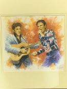 Framed and glazed watercolour of Cliff Richard and Elvis Presley, signed Juan Carlos Ferrigno