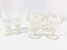 Six Victorian cut and etched large wine glasses and four liquer glasses