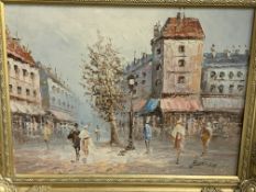 Gilt coloured framed oil on canvas Paris street scene, signed Burnett