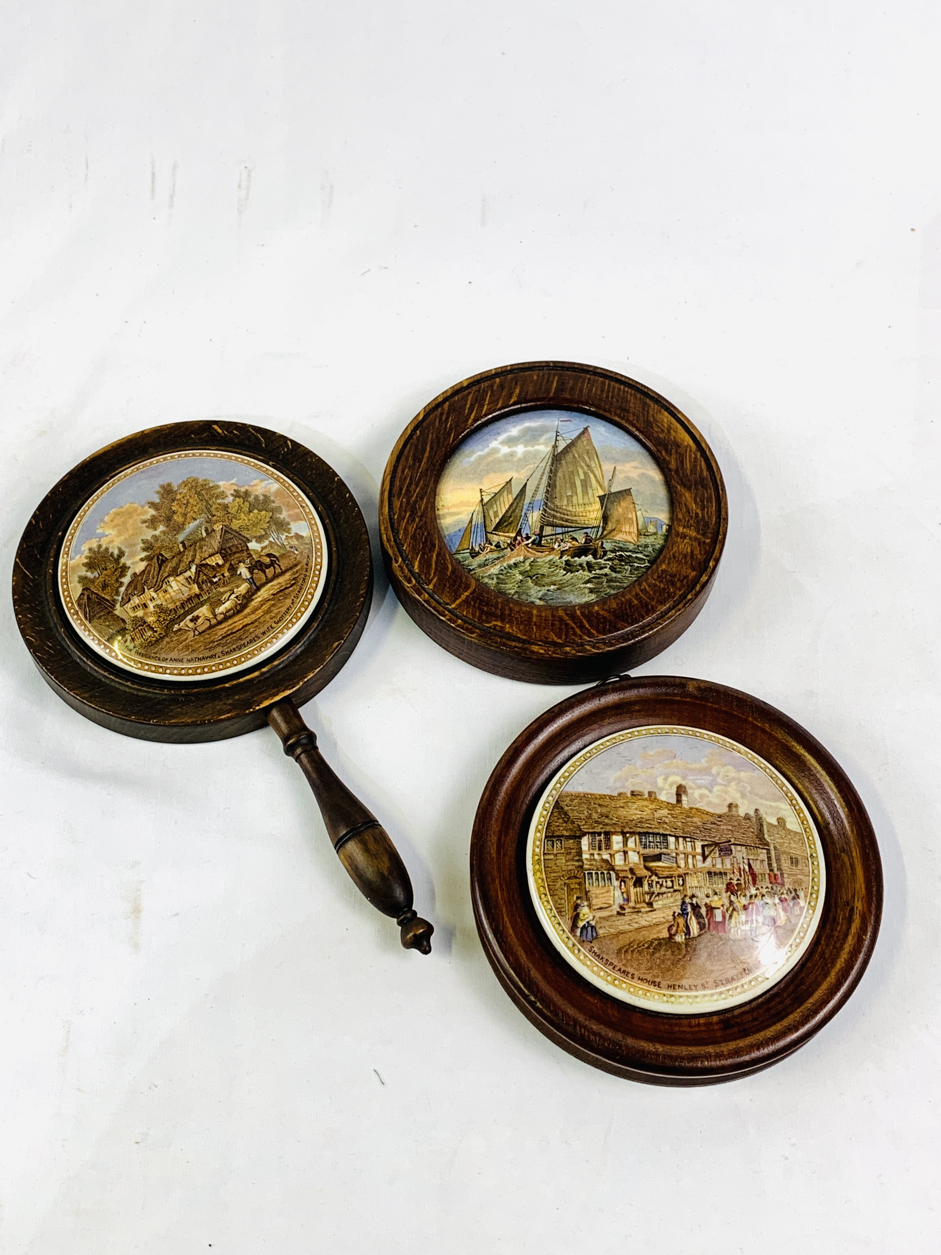 Four assorted Victorian pot lids in hardwood frames. - Image 2 of 10