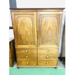 Victorian mahogany linen press over chest of 3 graduated drawers.