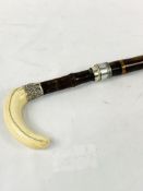 Bamboo walking stick with bone handle and hallmarked silver ferrule