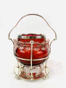 Cranberry glass bowl in silver plate stand