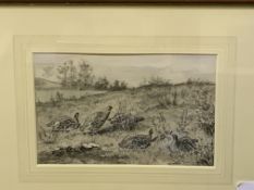 Framed and glazed grey and black watercolour of partridges signed A J Wall