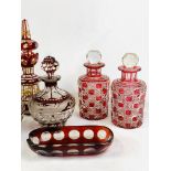 Three pairs of Victorian cut to clear scent bottles and a trinket dish