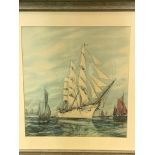 Framed and glazed watercolour and pencil of sailing ships by Guy Ginger