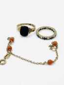 9ct gold and bead bracelet, 9ct gold eternity ring; and a yellow metal and black stone intaglio ring