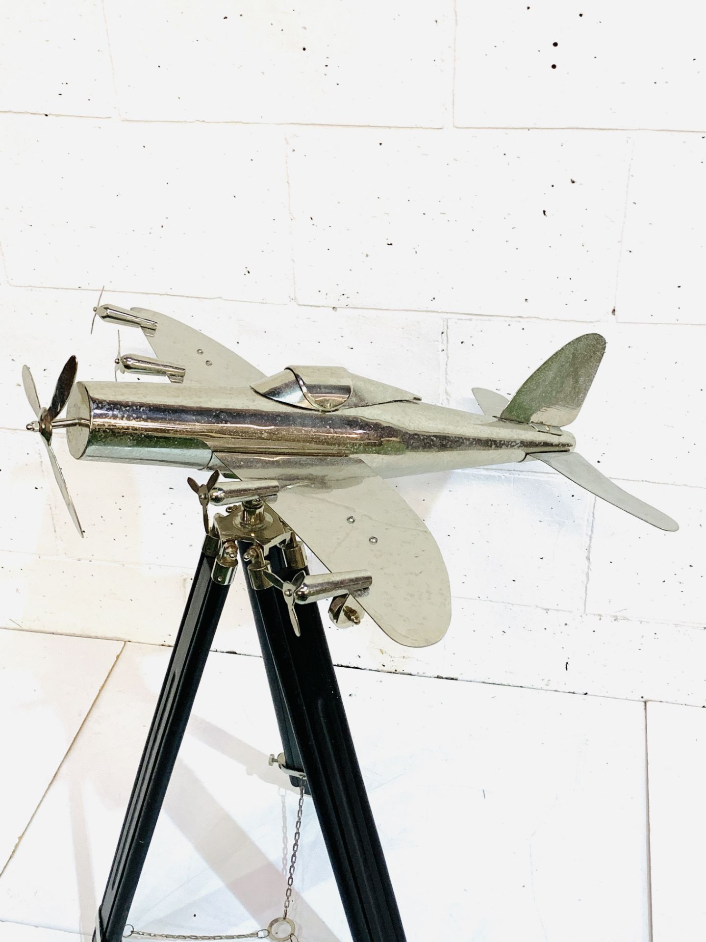 Chrome model aeroplane on tripod stand. - Image 2 of 4