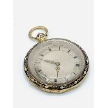 Enamel backed pocket watch in box.