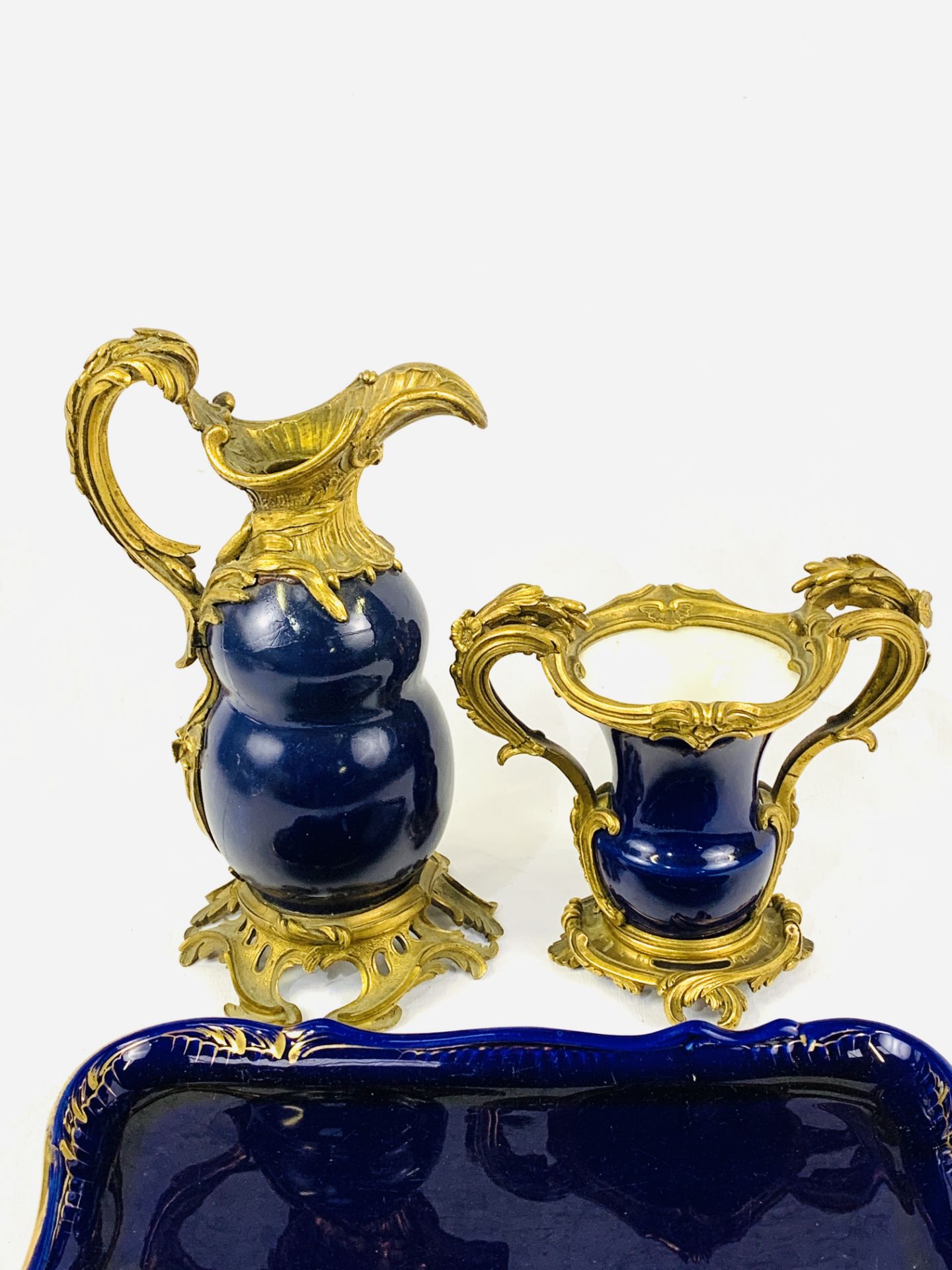 A 19th century French cobalt blue porcelain and bronze ormolu ewer and vase. - Image 2 of 5