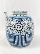 Large blue and white Oriental style jar with spout
