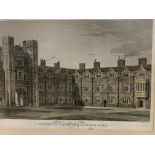 Framed and glazed etching of St John's College from Cambridge University Almanak 1819