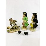 Two Capodimonte "Monkey Band" figurines; a Meissen monkey figurine; two elephant figurines; and othe