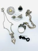 Celtic brooch; silver necklace; silver pendant; 2 colour fob stone; and 2 brooches