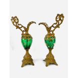 Pair of Grecian style flagons with green glass bowls and gilt metal mounts