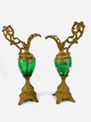 Pair of Grecian style flagons with green glass bowls and gilt metal mounts