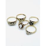 Five 9ct gold gem set rings