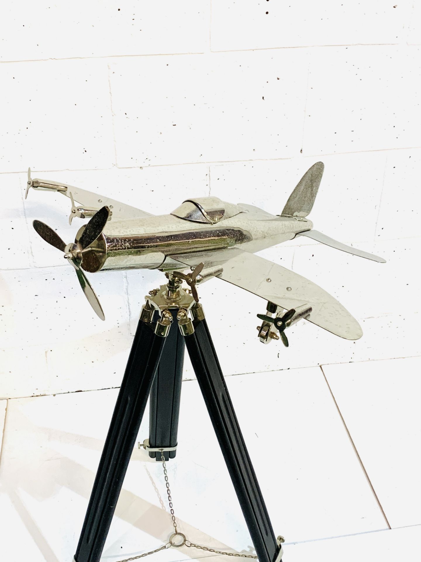 Chrome model aeroplane on tripod stand. - Image 4 of 4