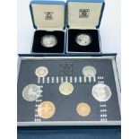 2 Silver proof £5 Golden Jubilee coins together with 2 silver proof £1 coins and 1987 coin set.
