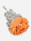 18ct white gold and floral carved coral pendant.