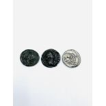 A Faustina II silver denarius AD 147-176; a Constans coin AD 337 - 350; a reproduction Roman coin.