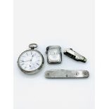 Silver cased pocket watch hallmarked Birmingham 1885, and other items