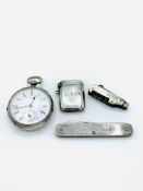 Silver cased pocket watch hallmarked Birmingham 1885, and other items