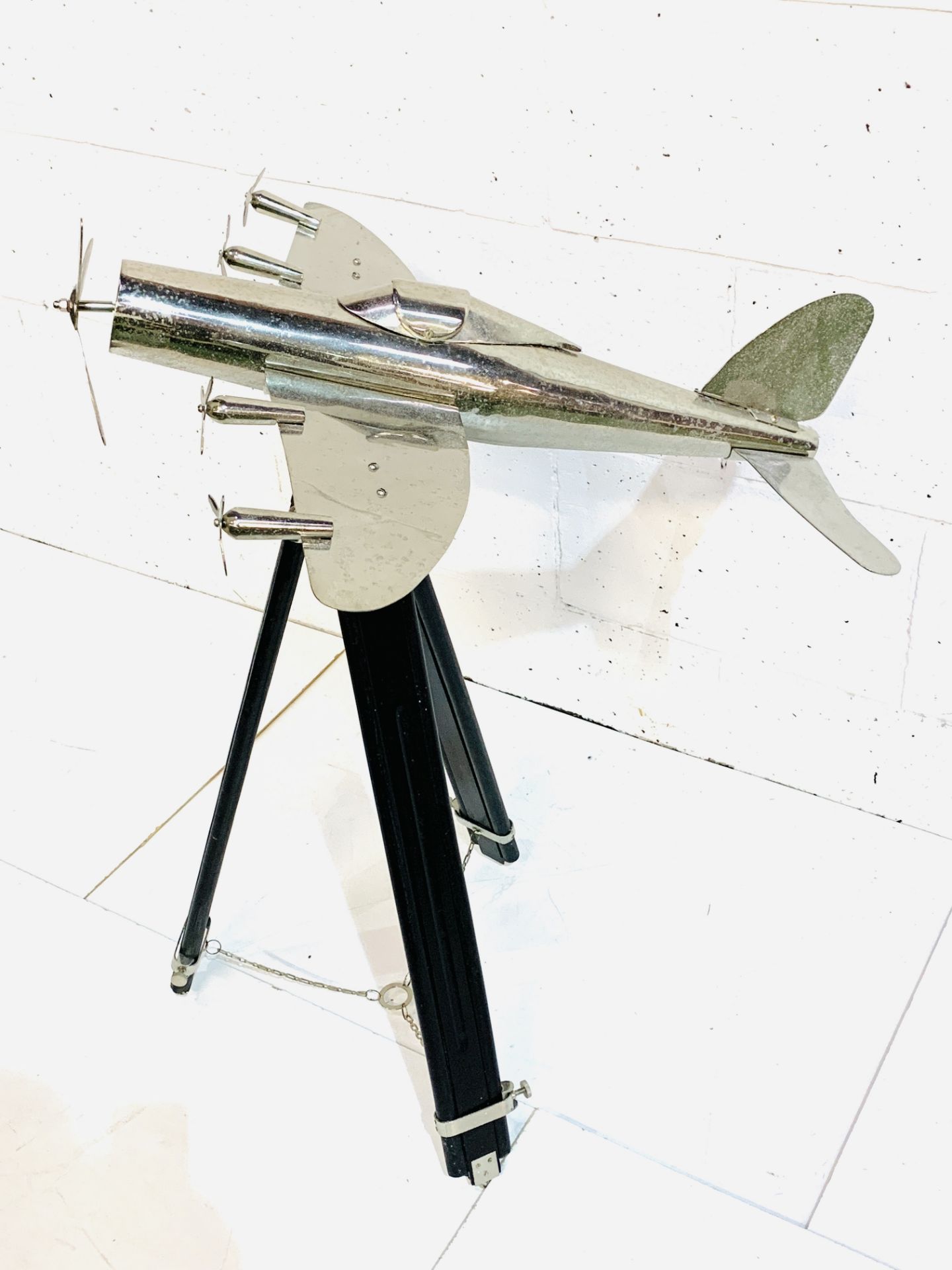 Chrome model aeroplane on tripod stand. - Image 3 of 4