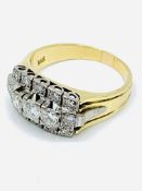 14ct gold triple row linear cluster diamond ring.