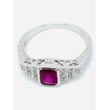 18ct white gold, ruby and diamond ring.