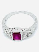 18ct white gold, ruby and diamond ring.