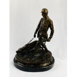 After Pierre-Jules Mene (1810-79) a bronze figure of a huntsman and dog, P J Mene.