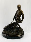 After Pierre-Jules Mene (1810-79) a bronze figure of a huntsman and dog, P J Mene.