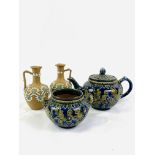 Doulton Lambeth silver rimmed teapot and sugar bowl, and a pair of Doulton Lambeth silicone vases