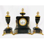 Slate and marble ormolu mounted mantel clock with garnitures