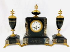 Slate and marble ormolu mounted mantel clock with garnitures