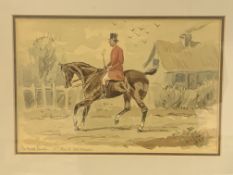 Framed and glazed watercolour of a gentleman on horseback, "The hired hunter, 1st day of the season"