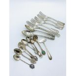 Georgian silver fork; 3 continental silver spoons; an 800 silver baby's pusher; and others.